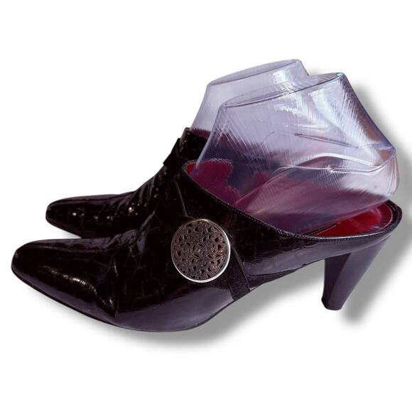 VTG Brighton Romeo Women’s Black Croc Patent Leather Mules Heel Shoes Size 8.5 M - Picture 5 of 13